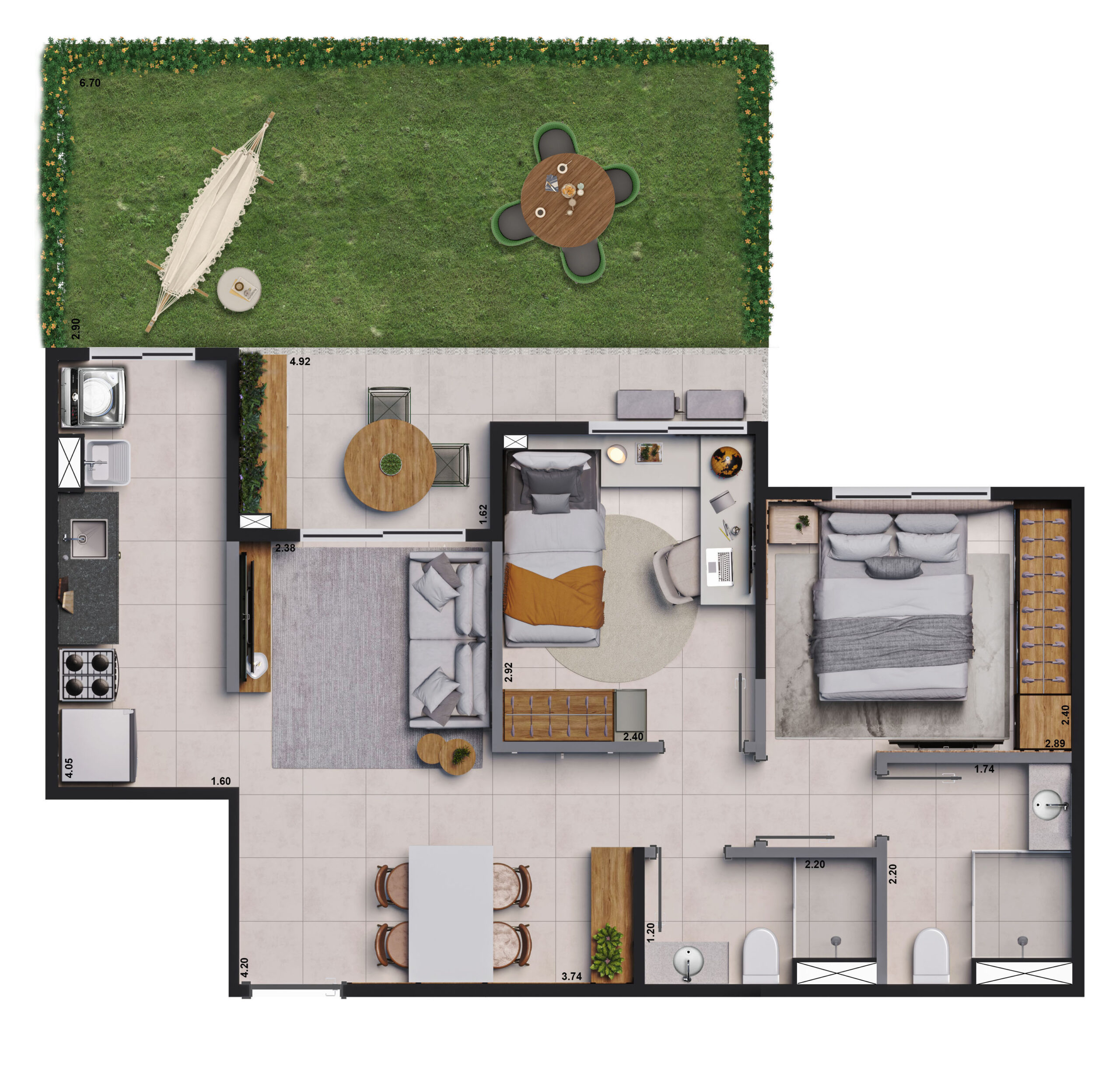Planta apartamento tipo 2Q garden