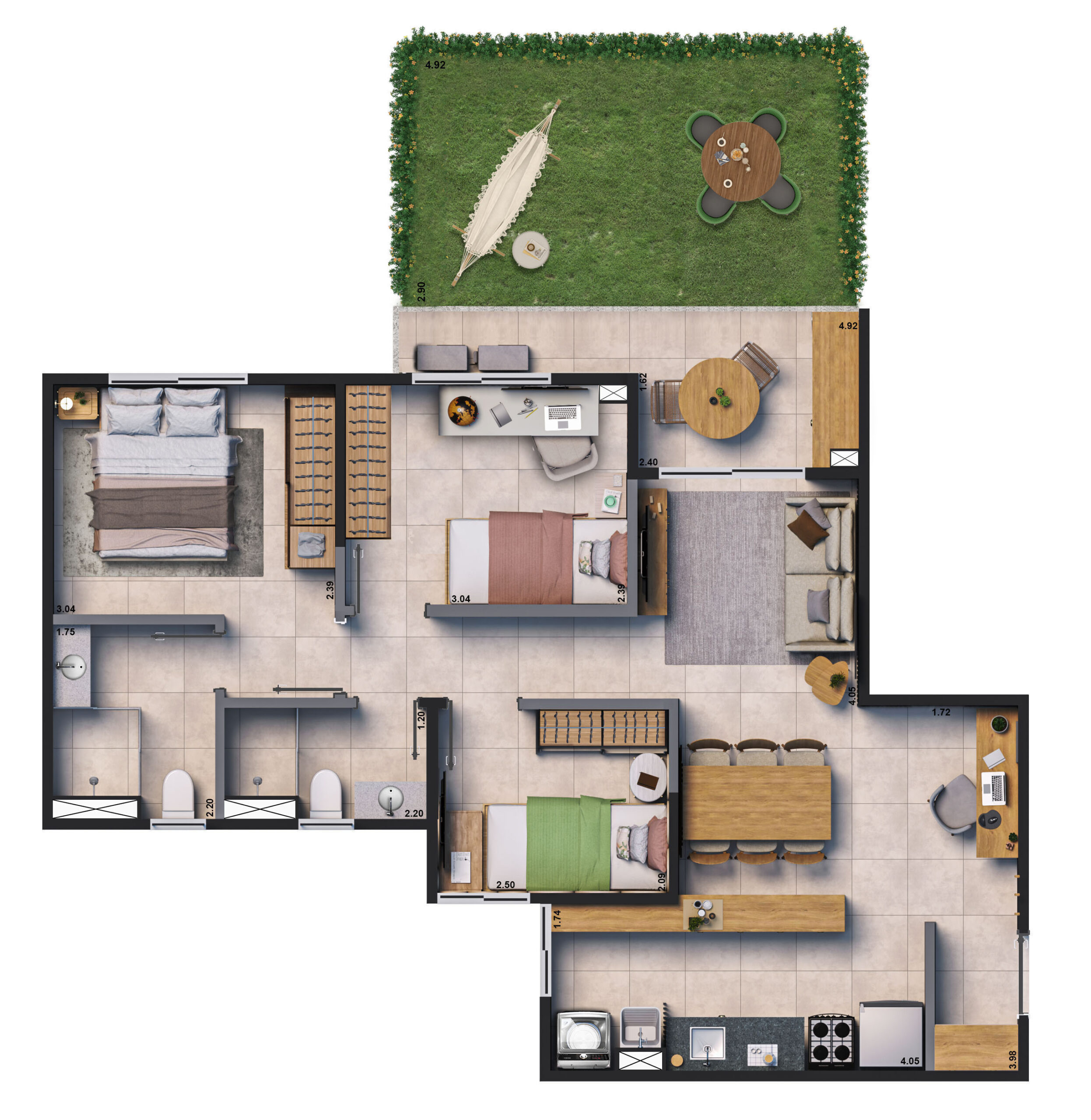 Planta apartamento tipo 3Q garden